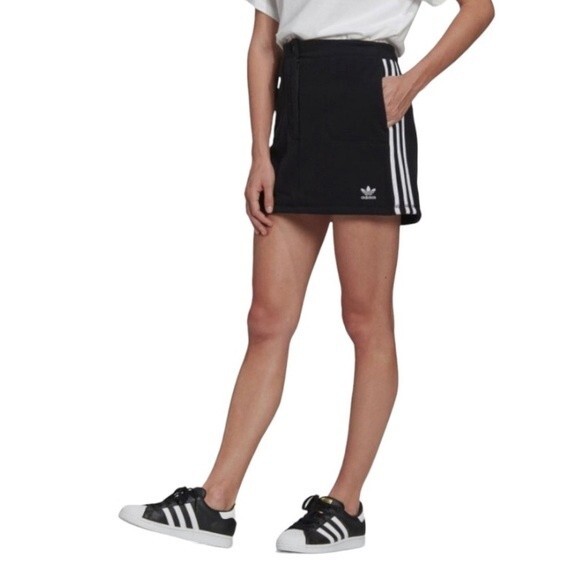 ADIDAS CLASSICS Polar Fleece Black Skirt White Side Stripes Button Zipper Fly - Picture 1 of 12